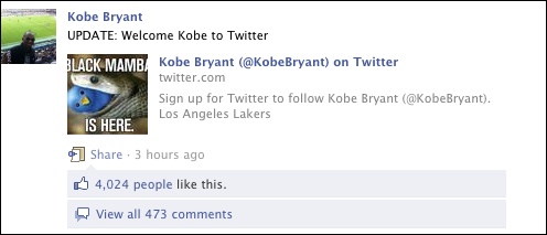 Facebook announcement of Kobe Twitter account