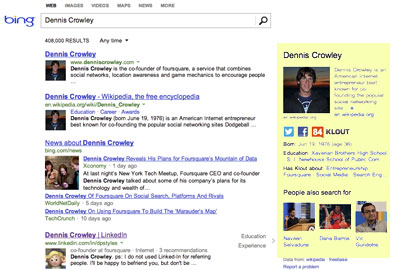 Bing social results example - Dennis Crowley.