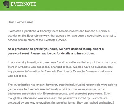 Evernote email about password reset.