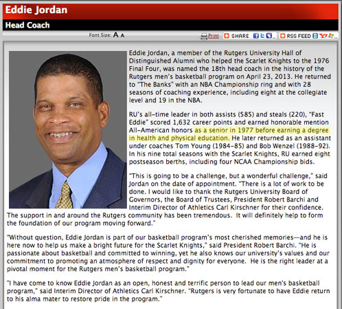 Rutgers website showing Jordan's degree status.