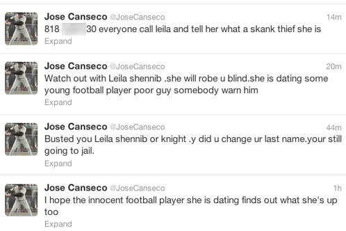 Jose Canseco Tweet with phone number removed